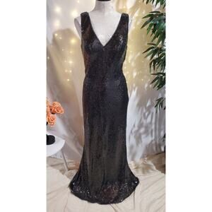 Revelry Dakota Sequin Dress Womens Size 12 Drape Back Black V-Neck Sleeveless
